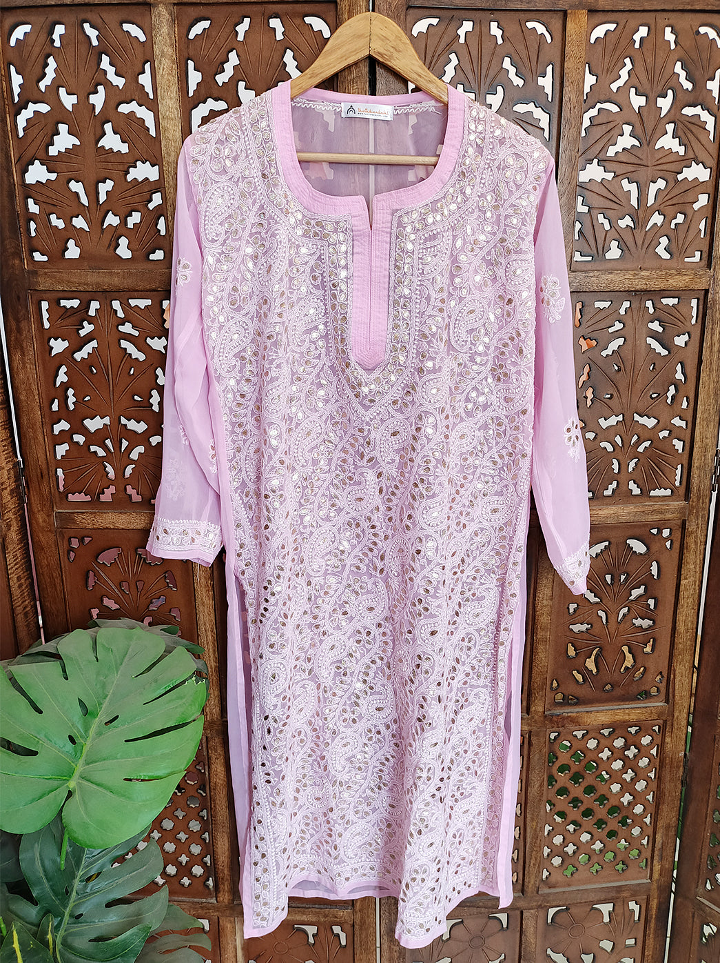 Baby Pink Georgette Chikankari Straight Kurti
