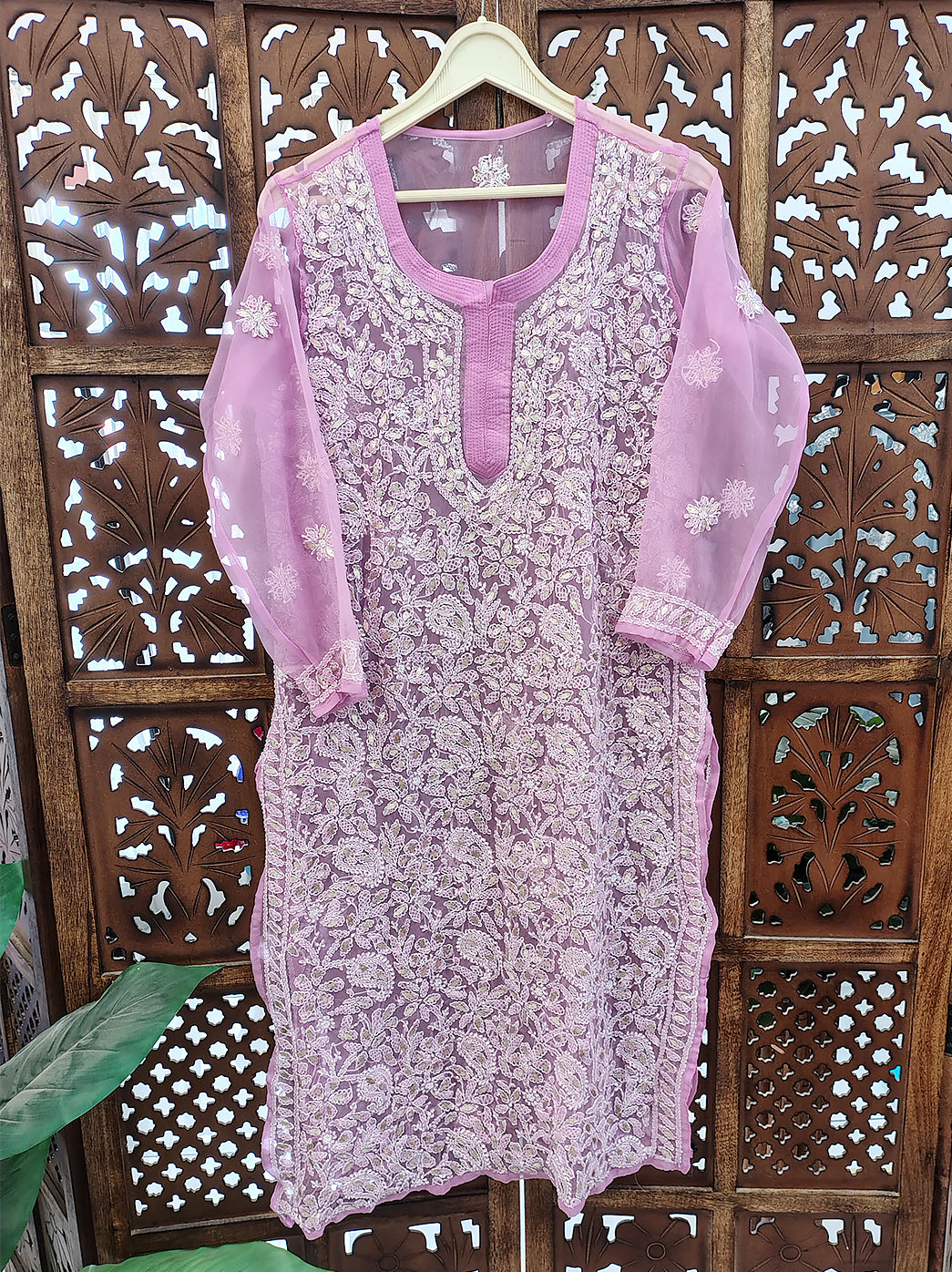 Baby Pink Georgette Chikankari Straight Kurti
