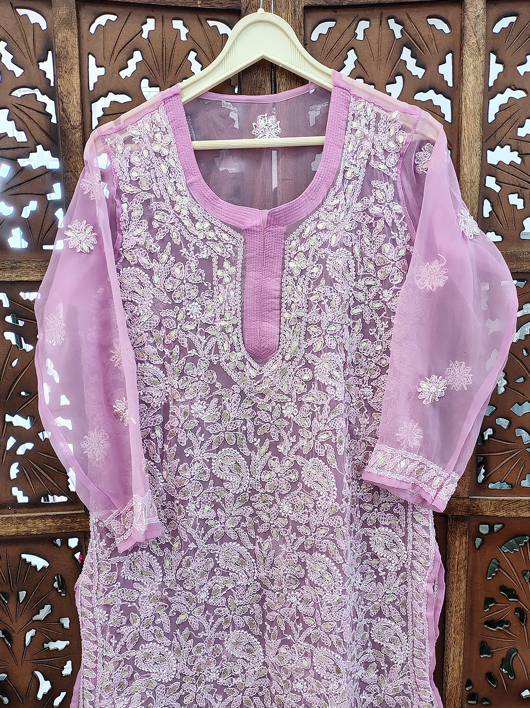 Baby Pink Georgette Chikankari Straight Kurti