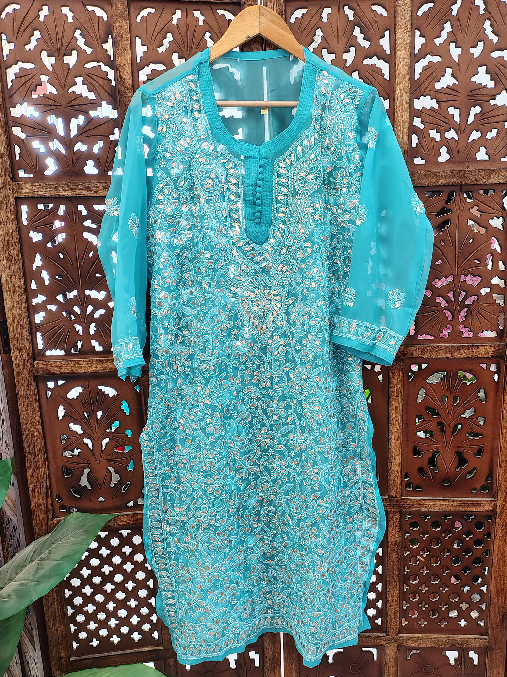 Sky Blue Georgette Chikankari Straight Kurti