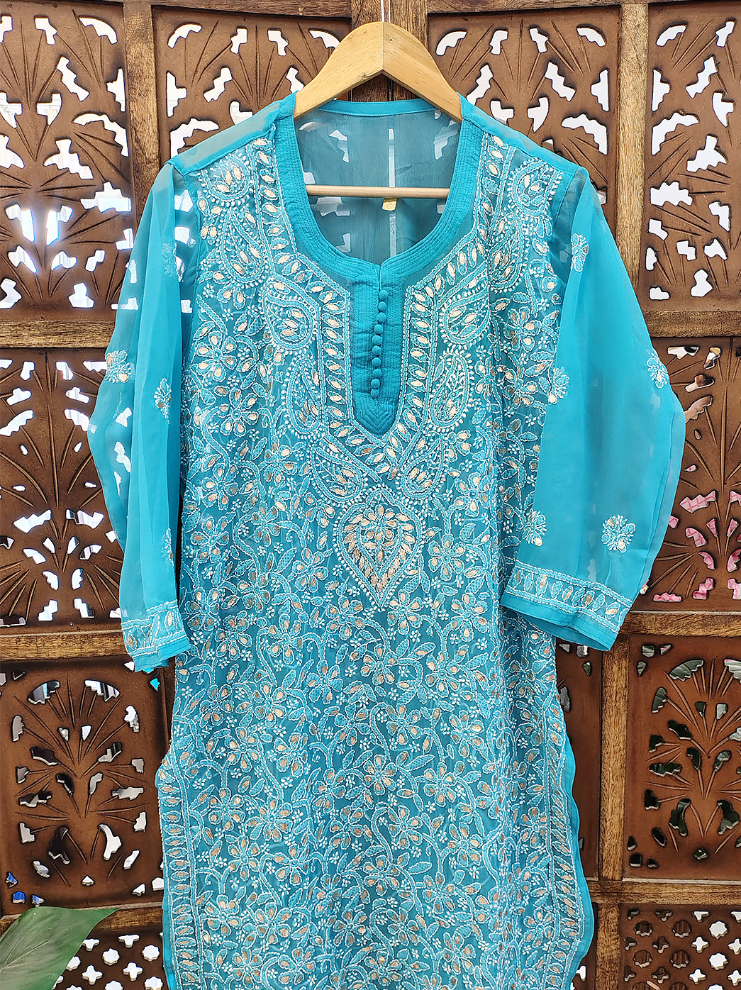 Sky Blue Georgette Chikankari Straight Kurti