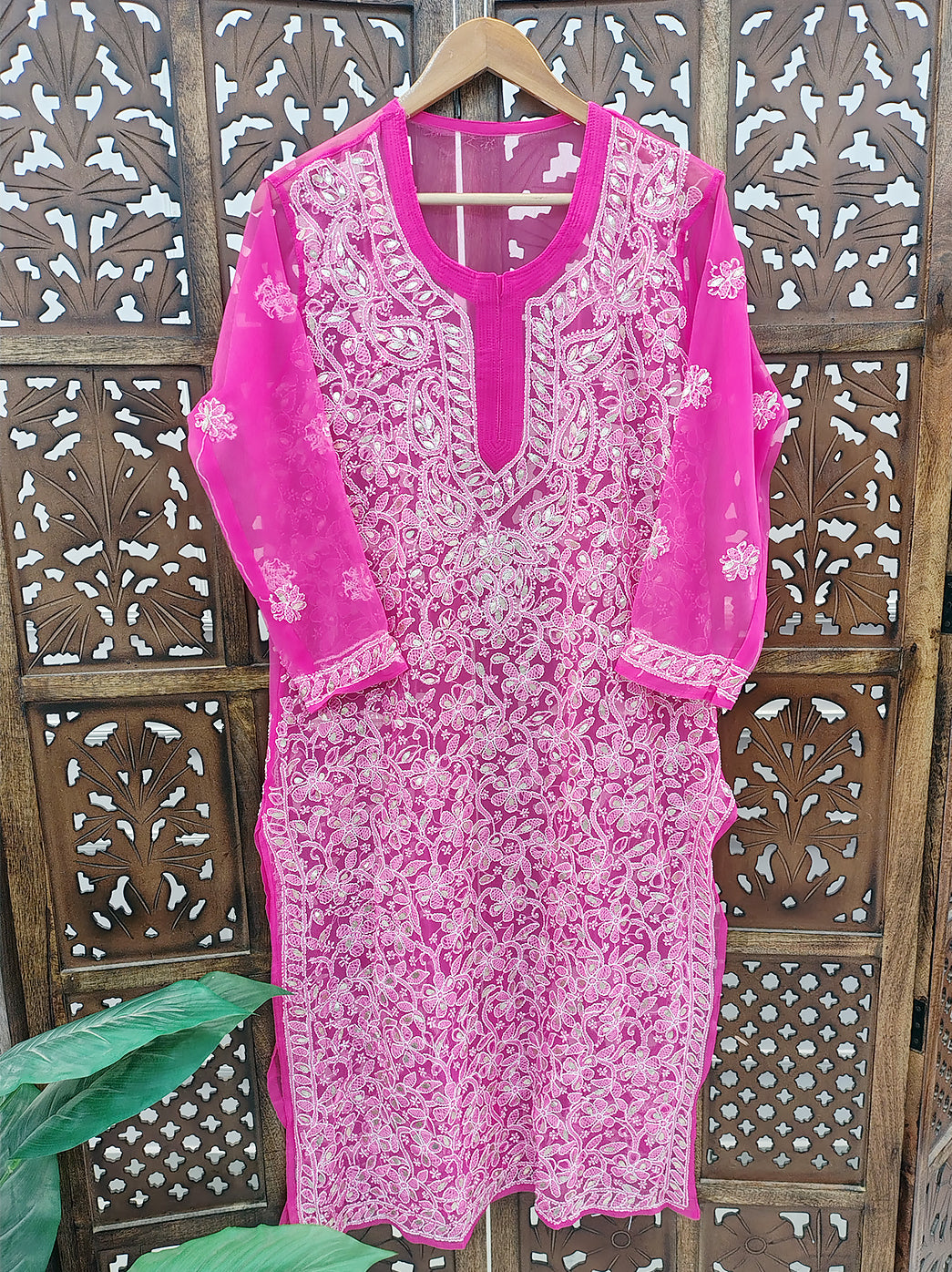 Pink Georgette Chikankari Straight Kurti