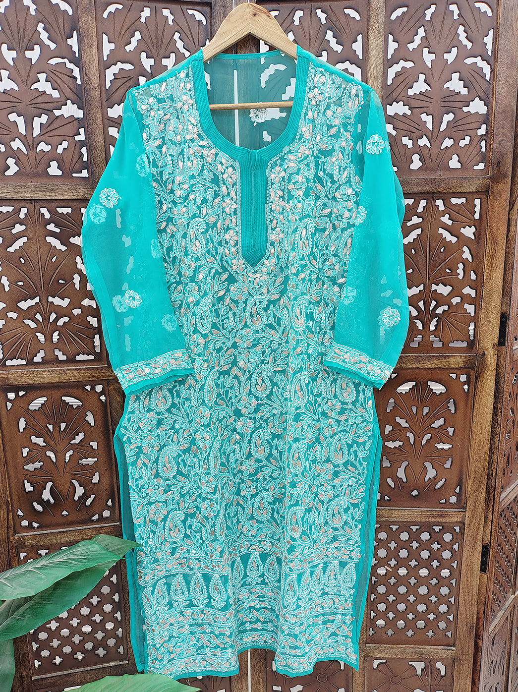 Sea Green Georgette Chikankari Straight Kurti