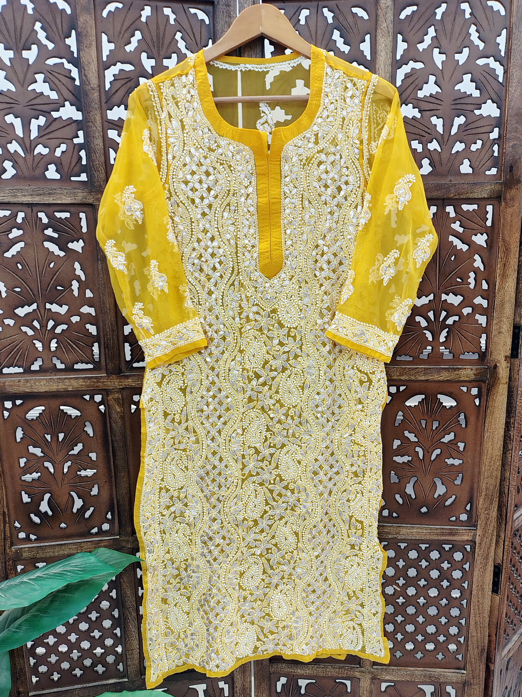 Mustard Yellow Georgette Chikankari Straight Kurti