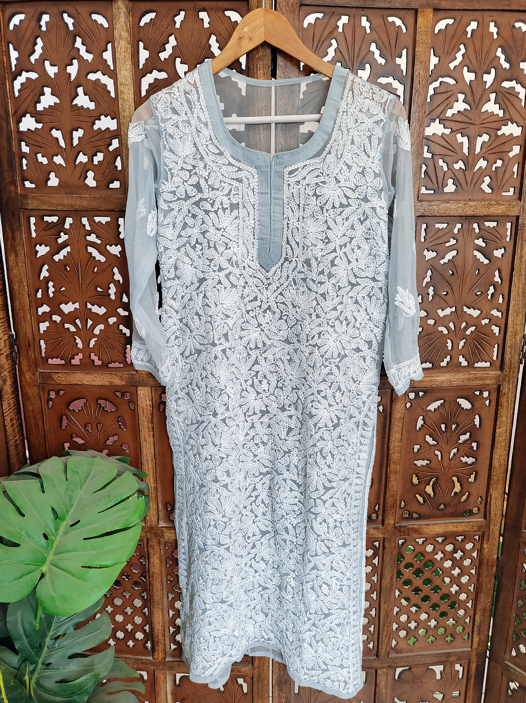 Grey Georgette Chikankari Straight Kurti