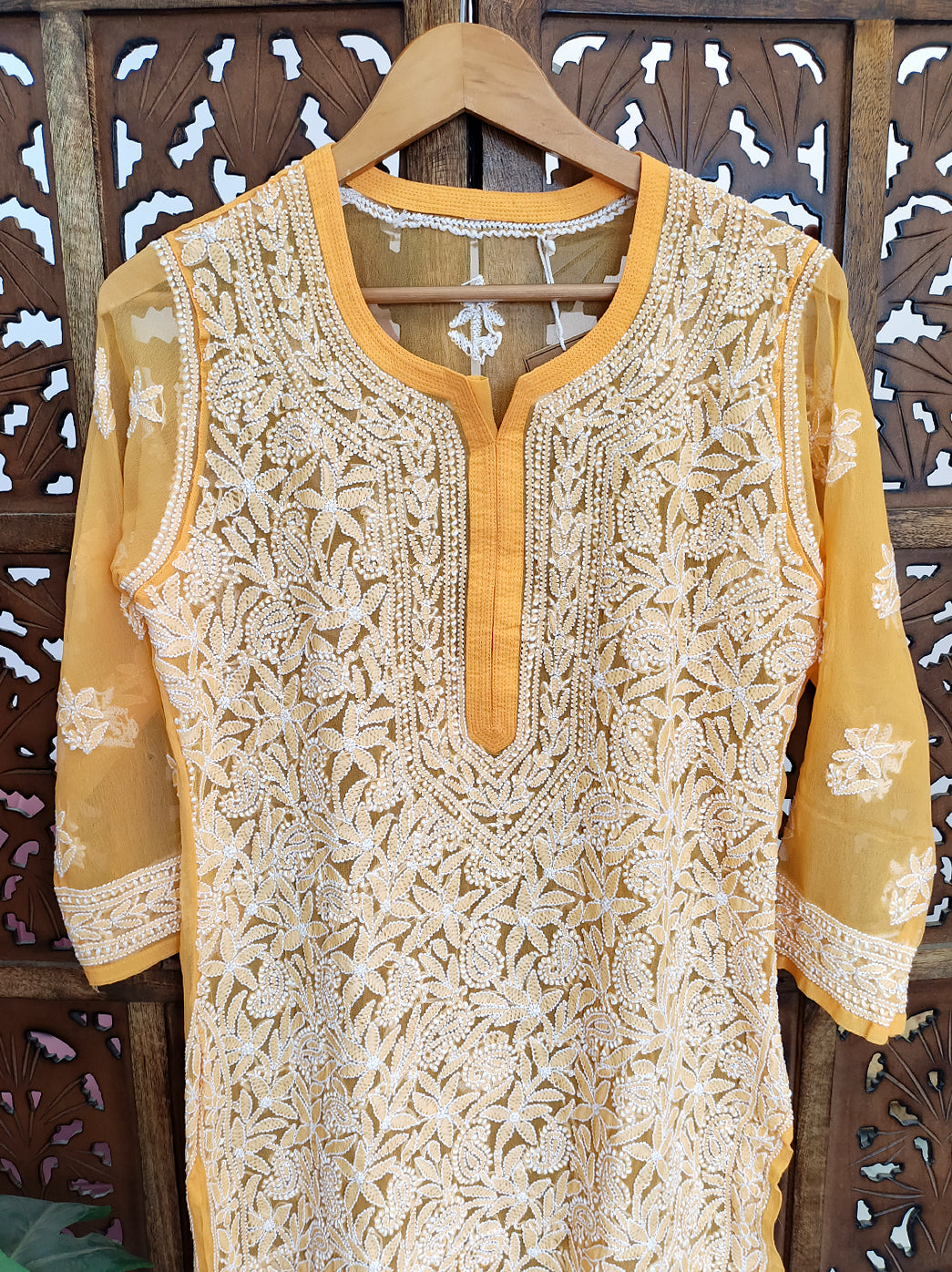 Yellow  Georgette Chikankari Straight Kurti
