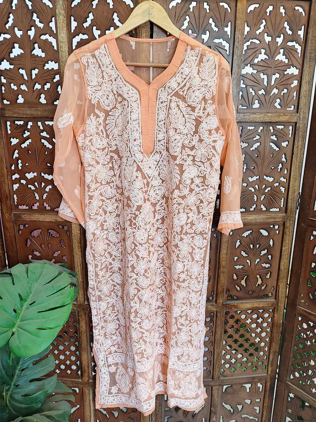 Orange Georgette Chikankari Straight Kurti