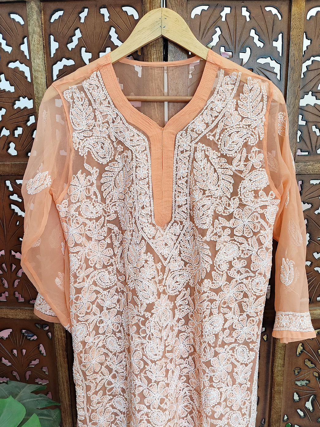 Orange Georgette Chikankari Straight Kurti