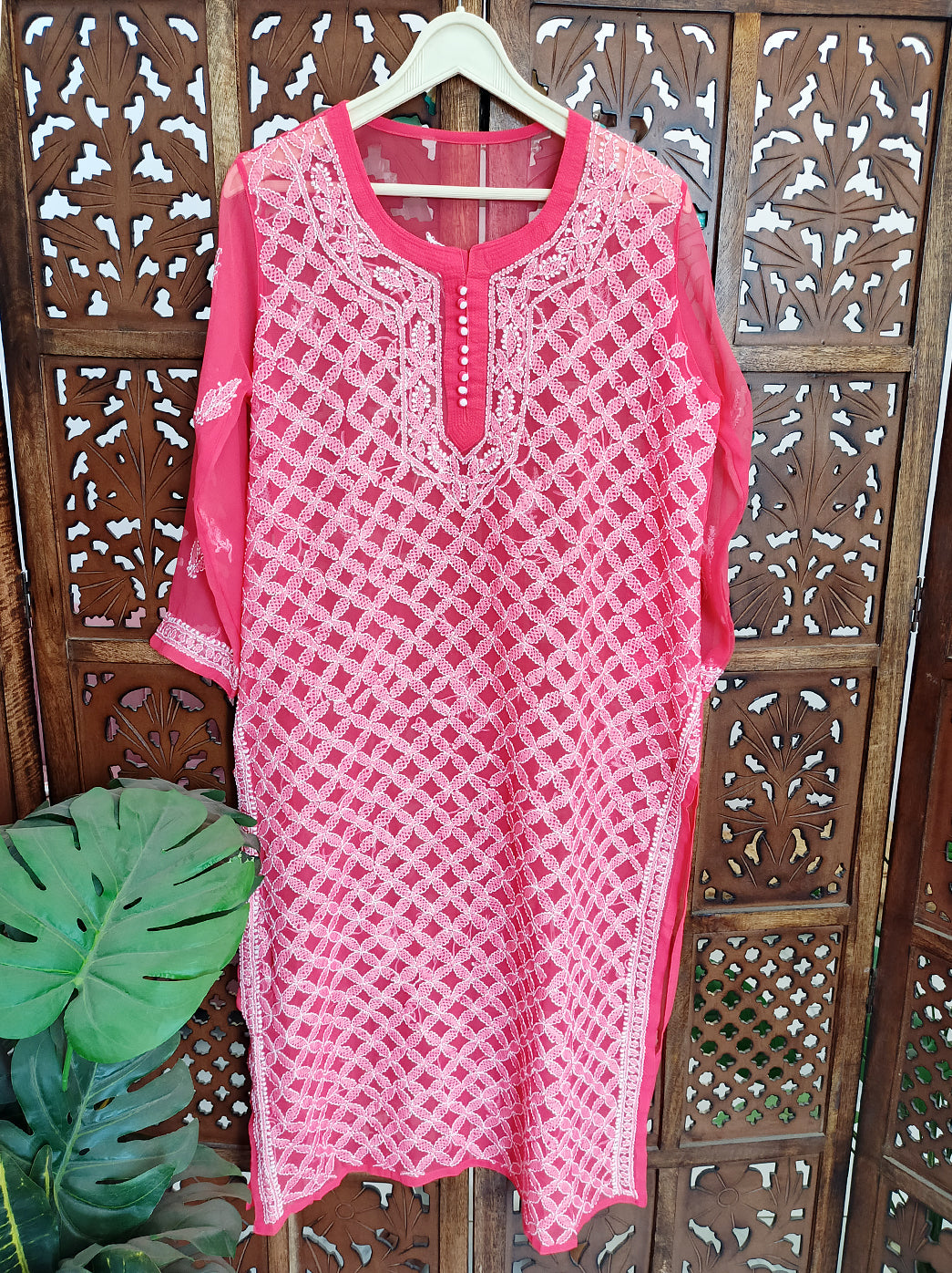 Pink Georgette Chikankari Straight Kurti