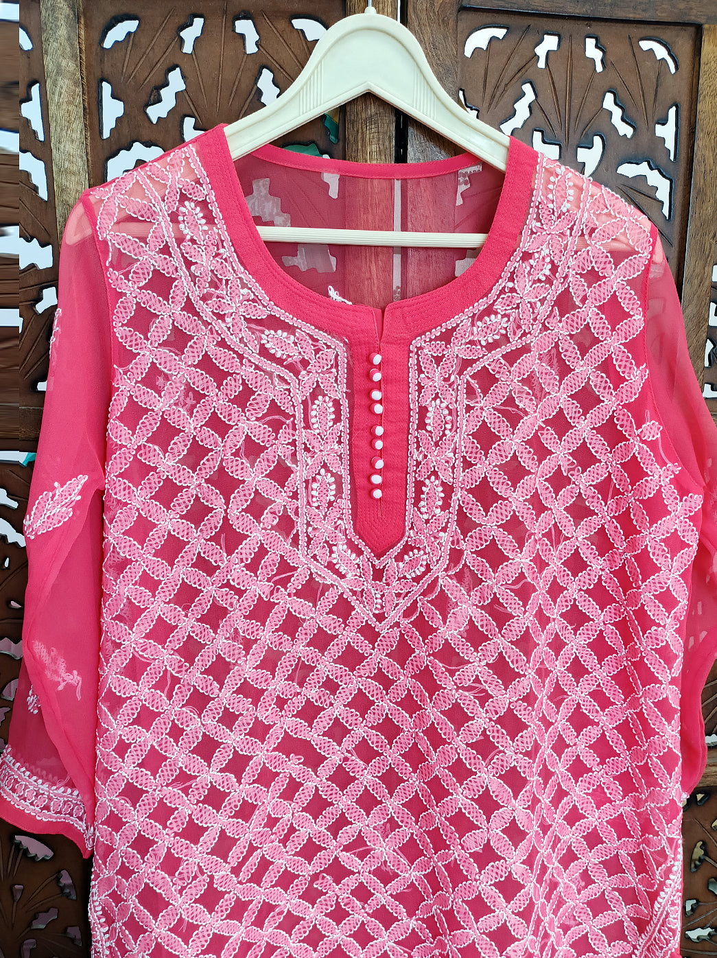 Pink Georgette Chikankari Straight Kurti