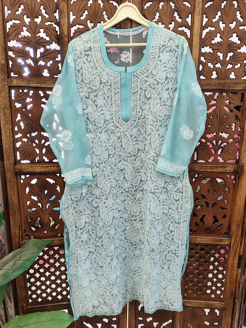 Light Blue Georgette Chikankari Straight Kurti