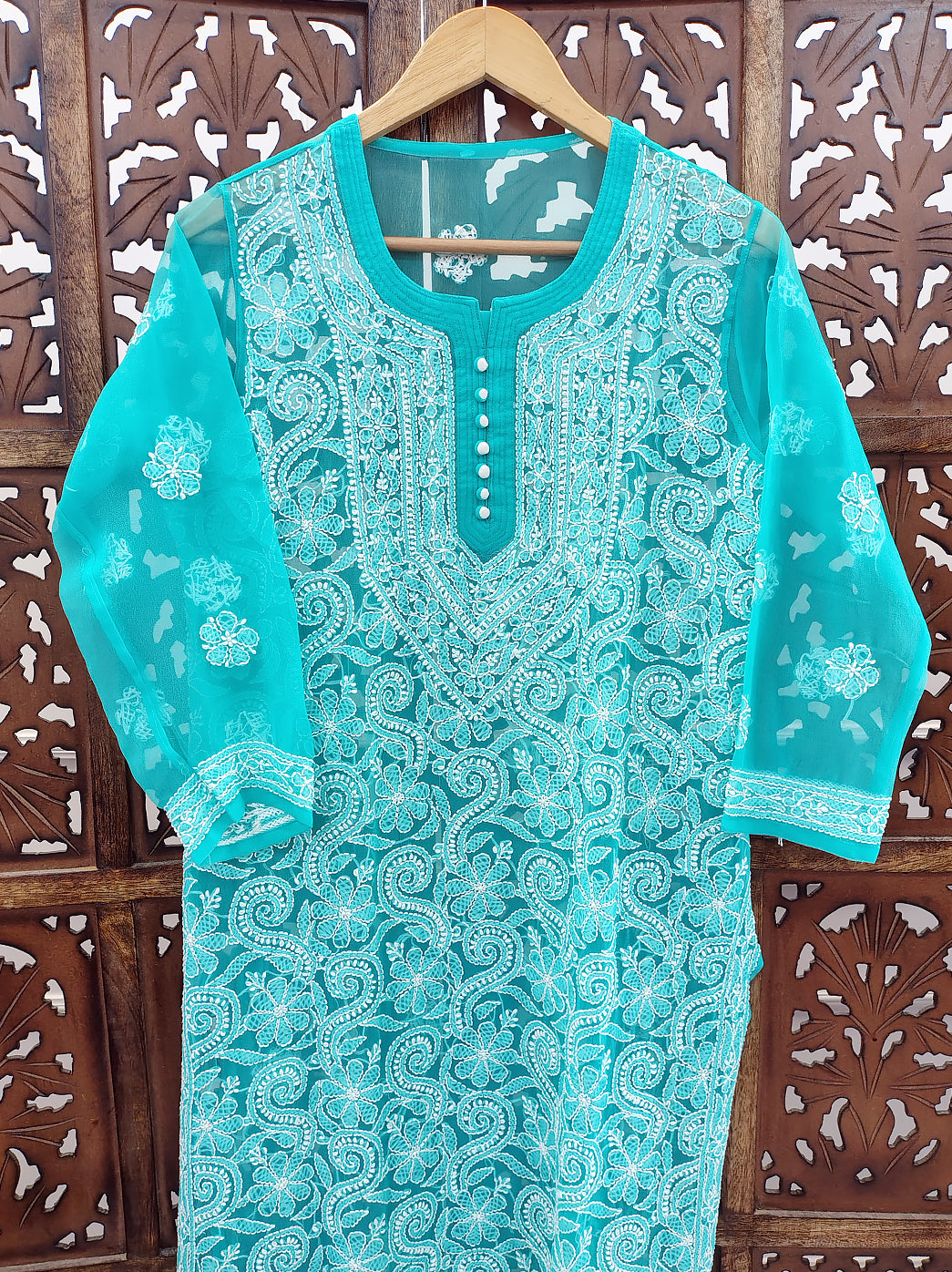 Sea Green Georgette Chikankari Straight Kurti