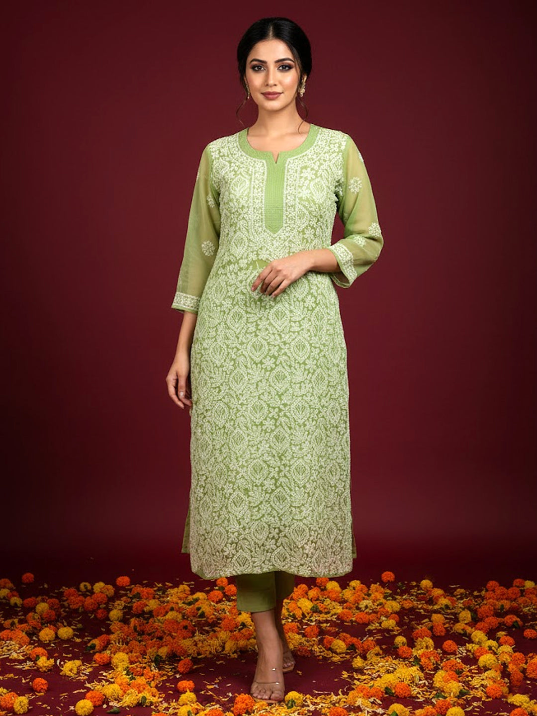 Green Georgette Chikankari Straight Kurti