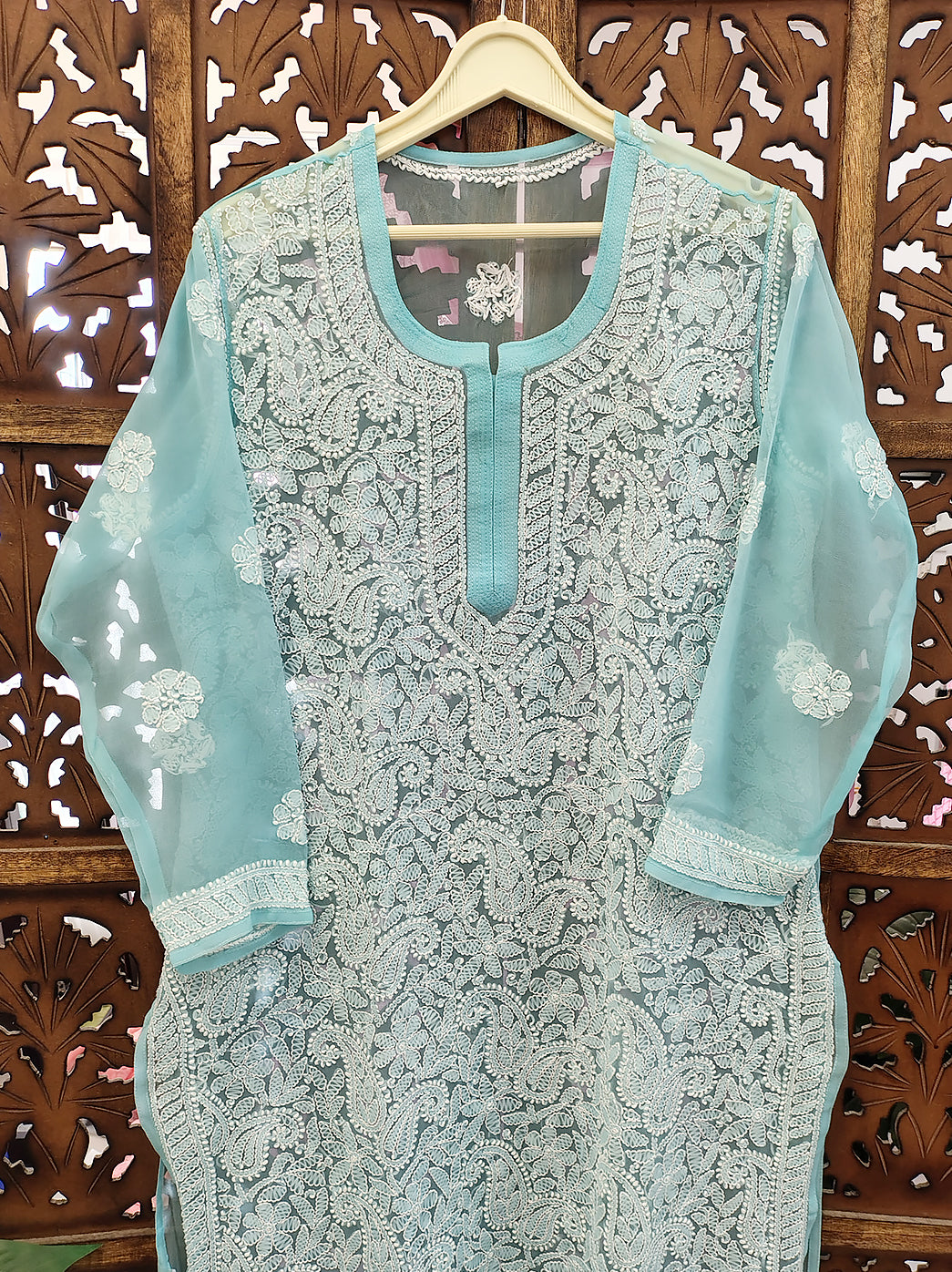 Light Blue Georgette Chikankari Straight Kurti