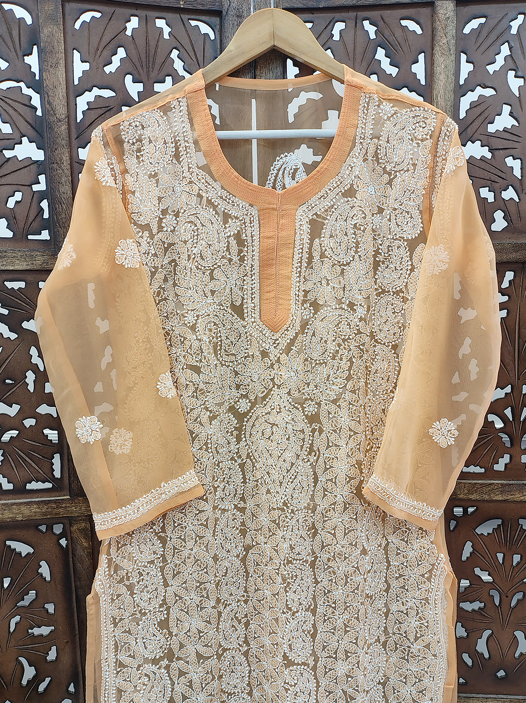 Peach Georgette Chikankari Straight Kurti