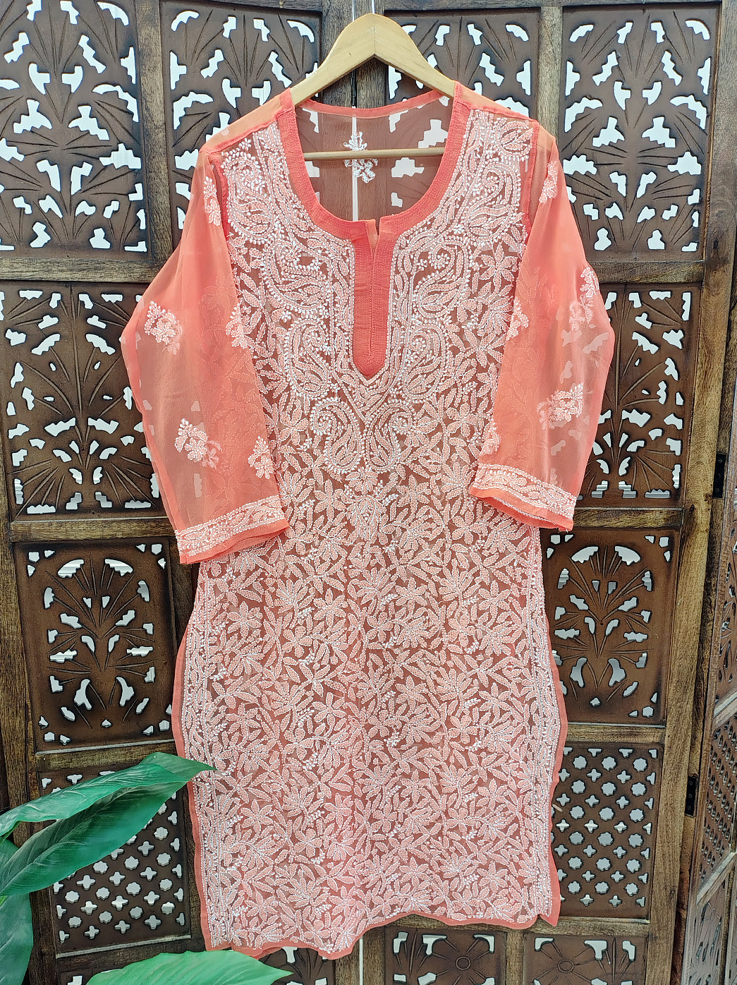 Peach Georgette Chikankari Straight Kurti