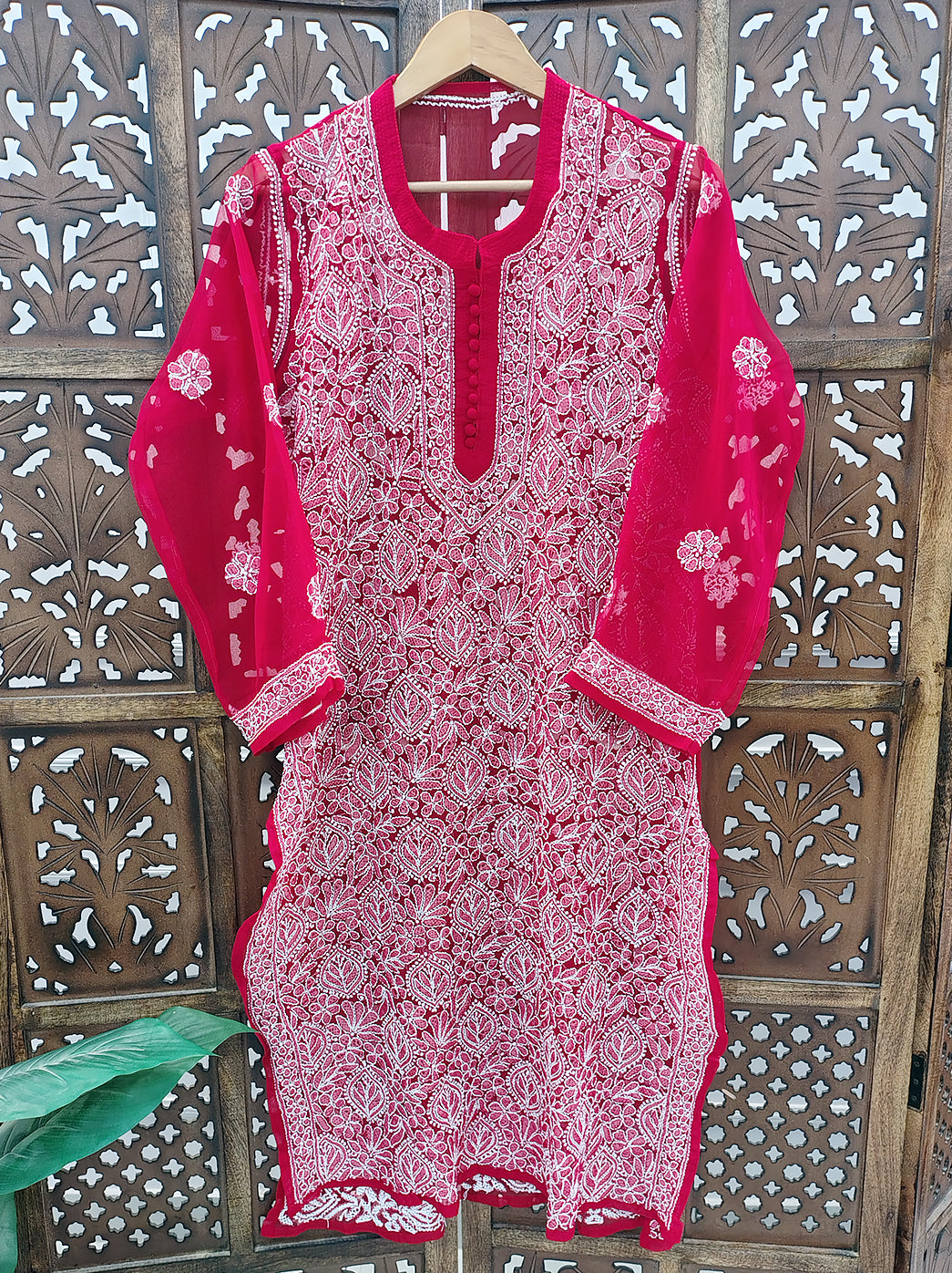 Red Georgette Chikankari Straight Kurti