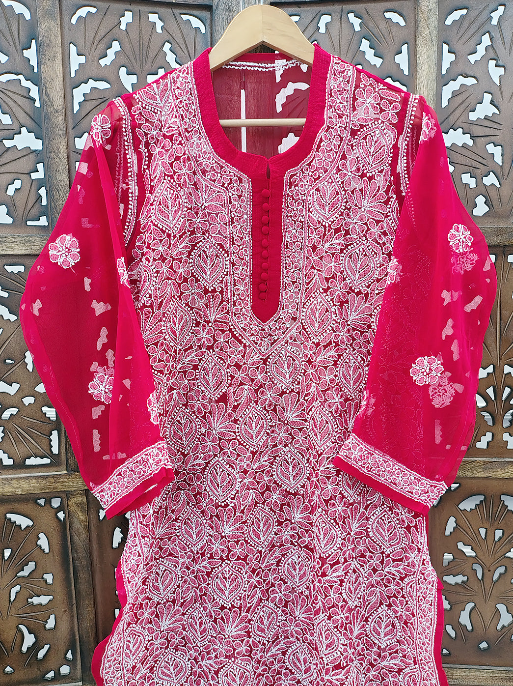 Red Georgette Chikankari Straight Kurti