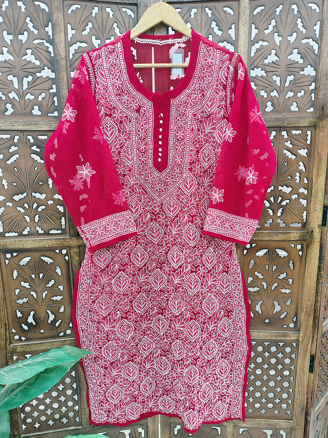 Red Georgette Chikankari Straight Kurti