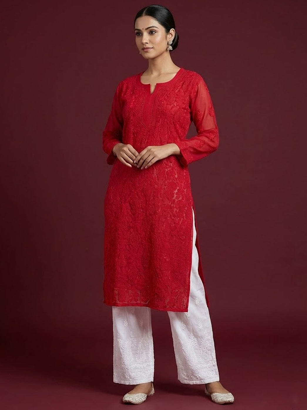 Red Georgette Chikankari Straight Kurti