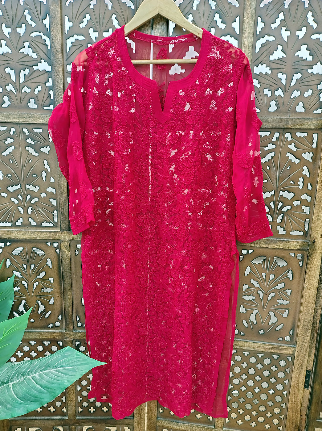 Red Georgette Chikankari Straight Kurti