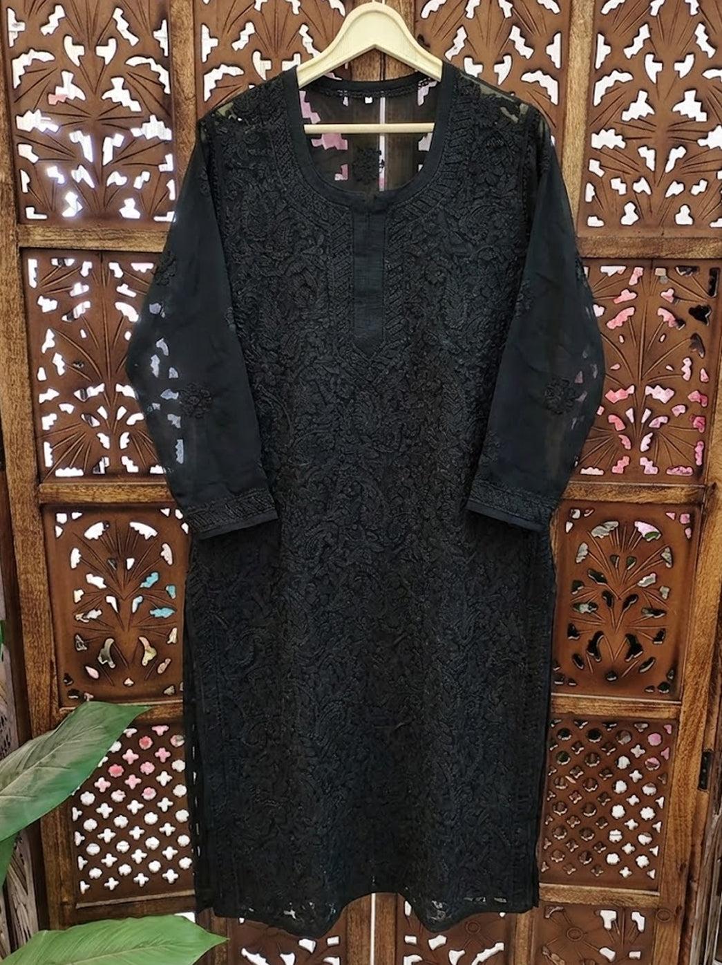 Black Georgette Chikankari Straight Kurti