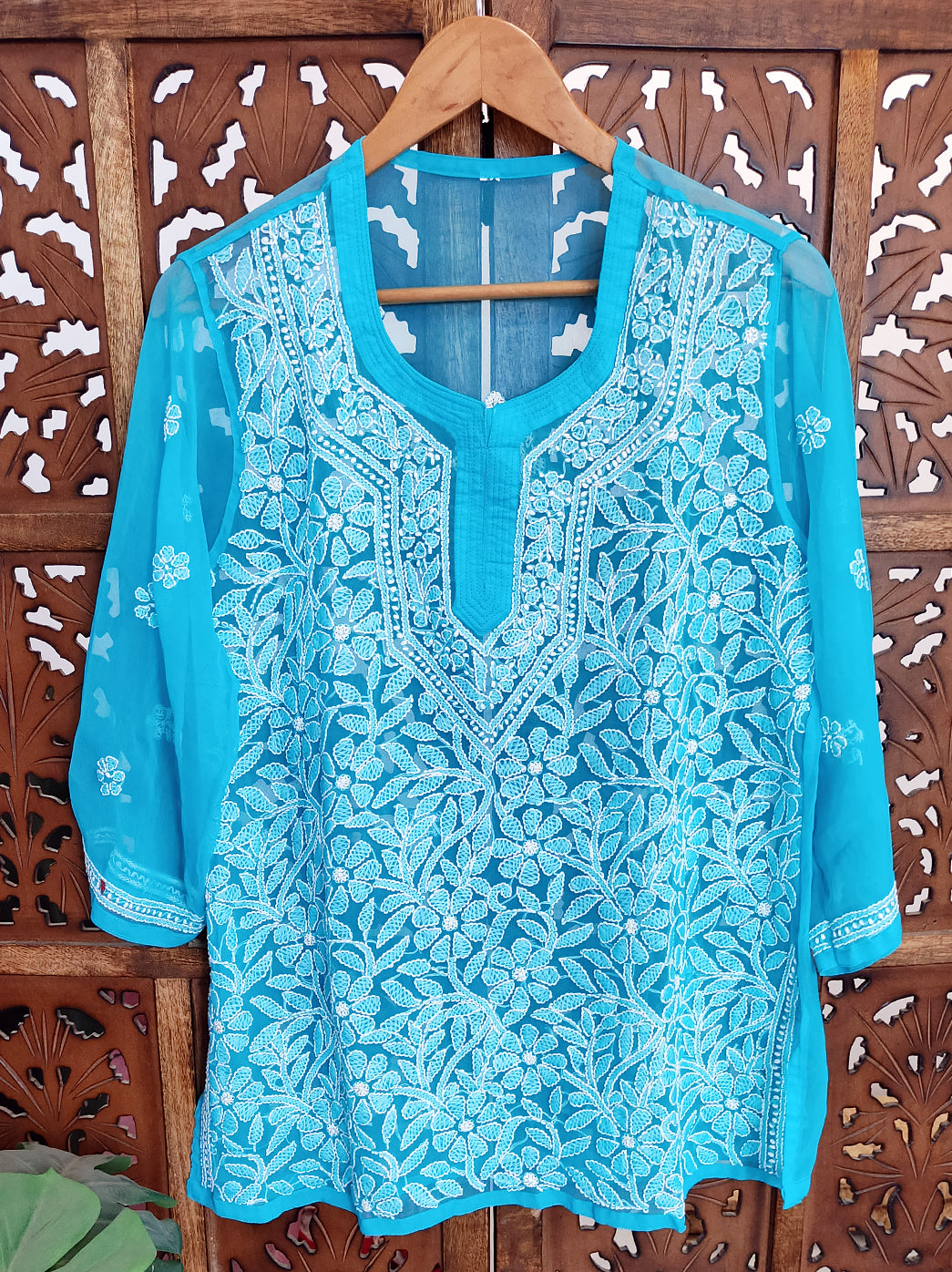 Sky Blue Georgette Chikankari Short Jaal Kurti