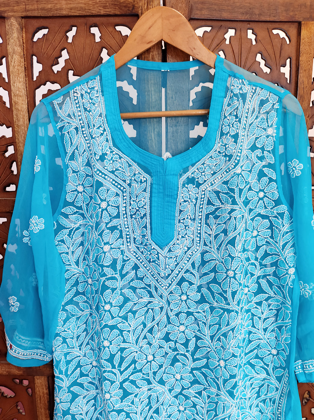 Sky Blue Georgette Chikankari Short Jaal Kurti