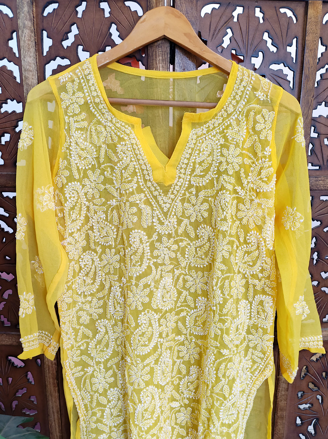 Yellow Georgette Chikankari Short Jaal Kurti