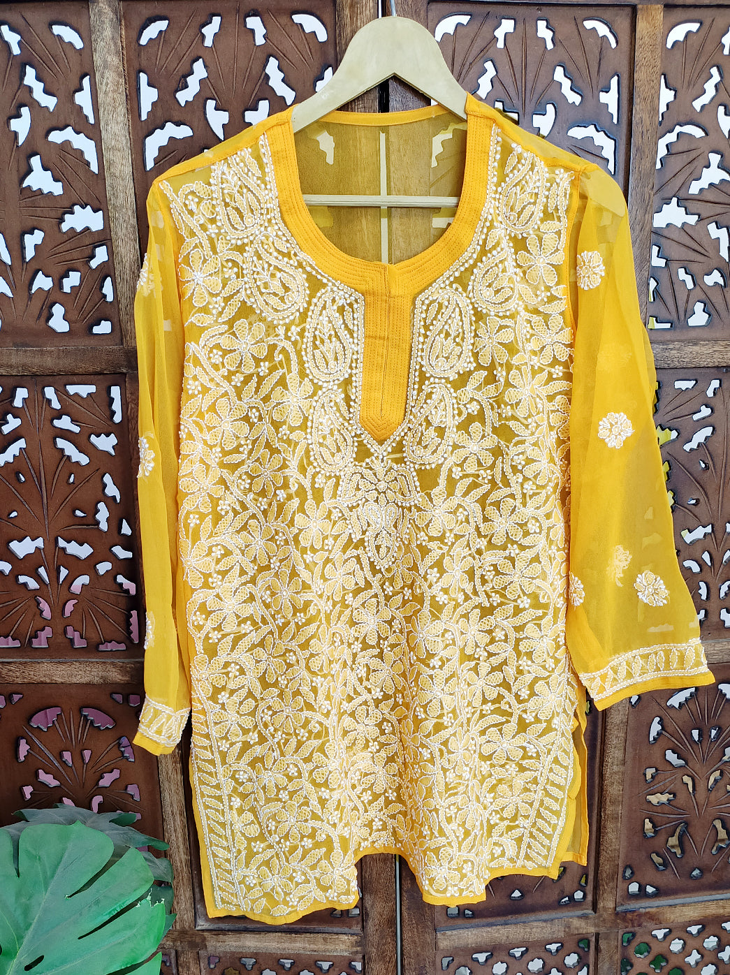Yellow Georgette Chikankari Short Jaal Kurti