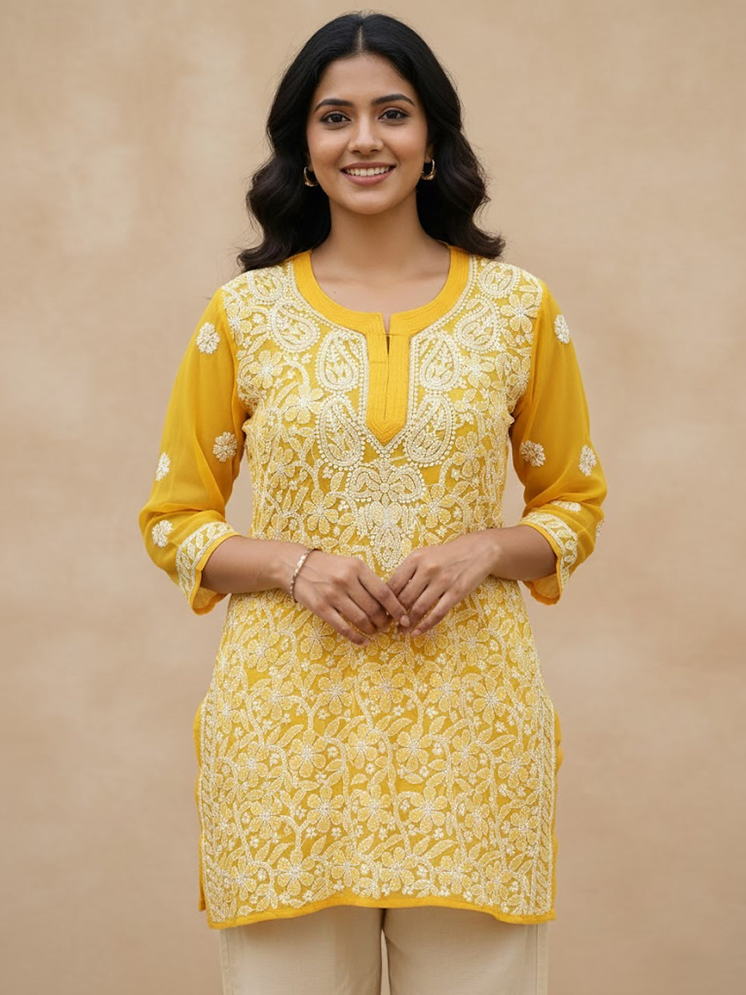 Yellow Georgette Chikankari Short Jaal Kurti