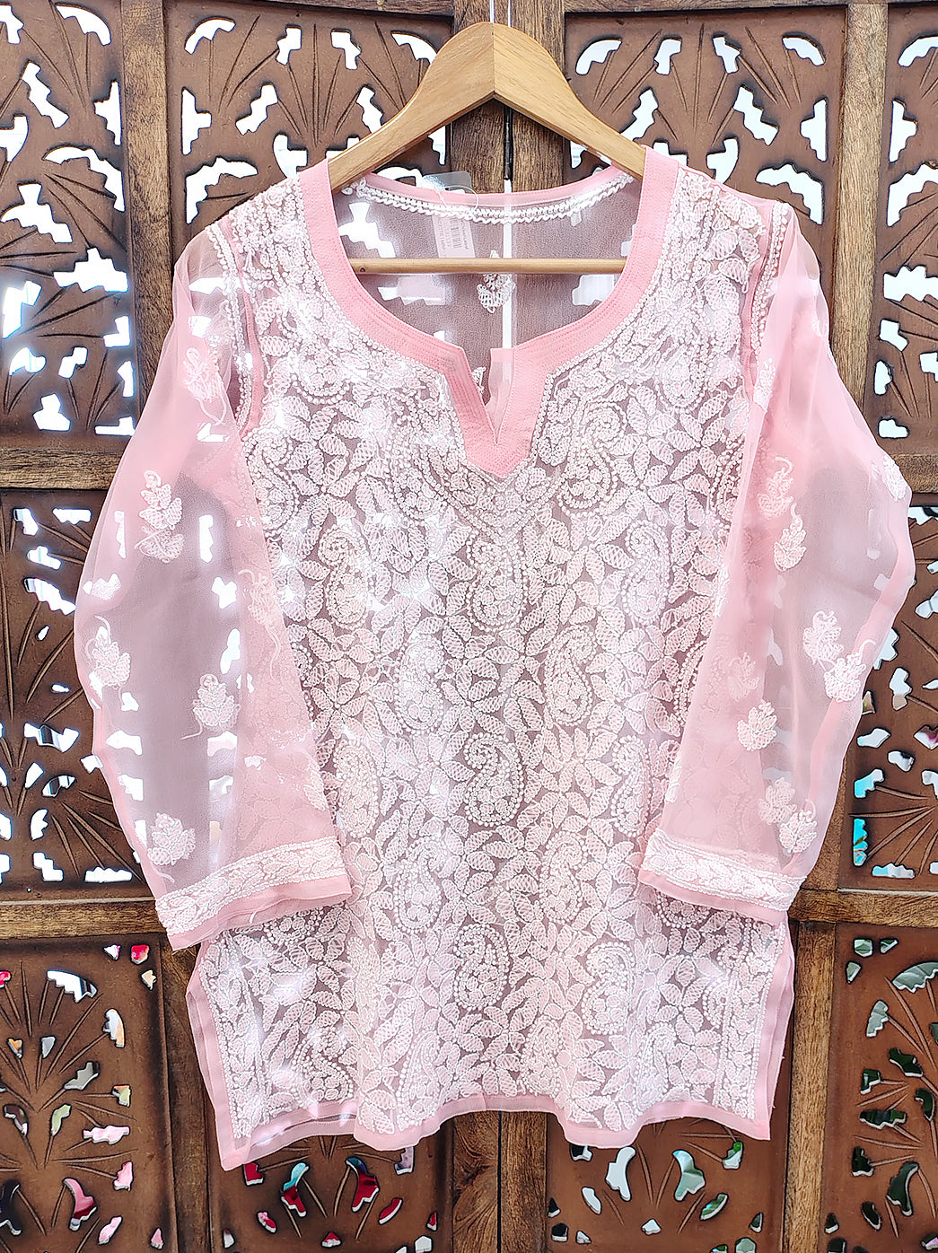 Peach Georgette Chikankari Short Jaal Kurti