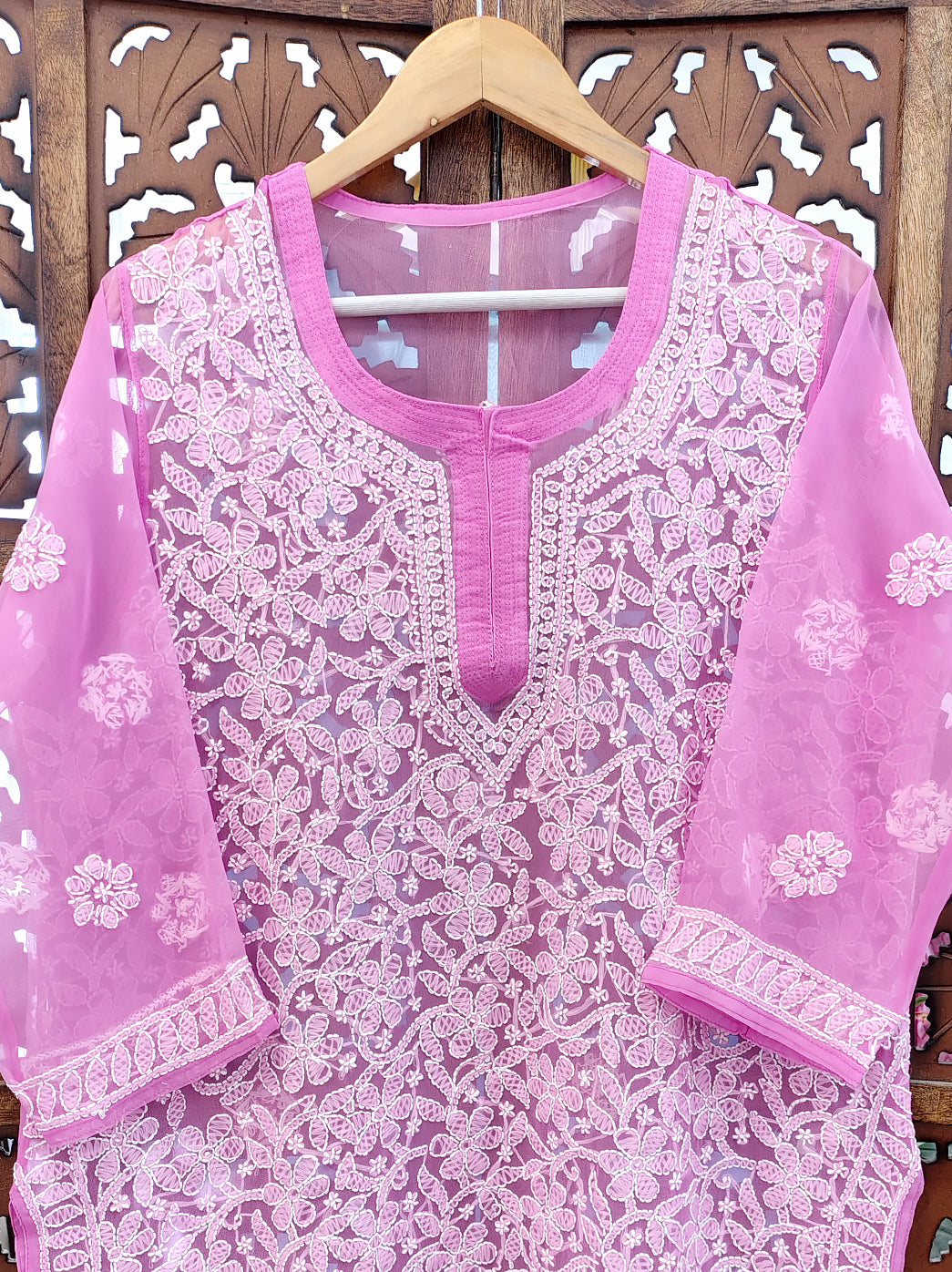 Pink Georgette Chikankari Short Jaal Kurti