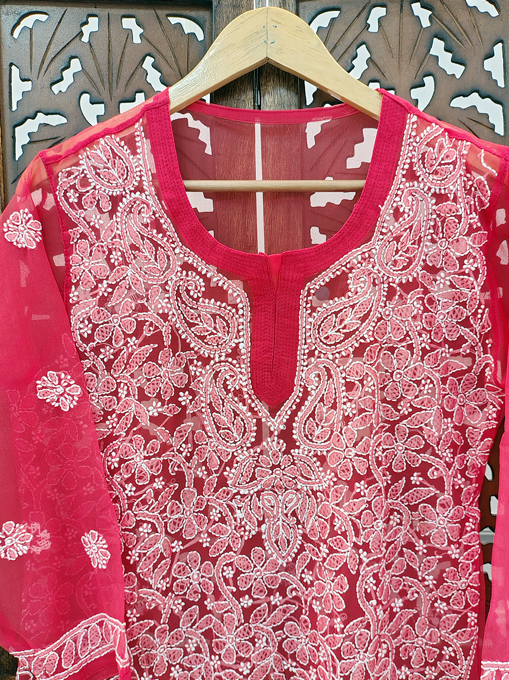 Pink Georgette Chikankari Short Jaal Kurti