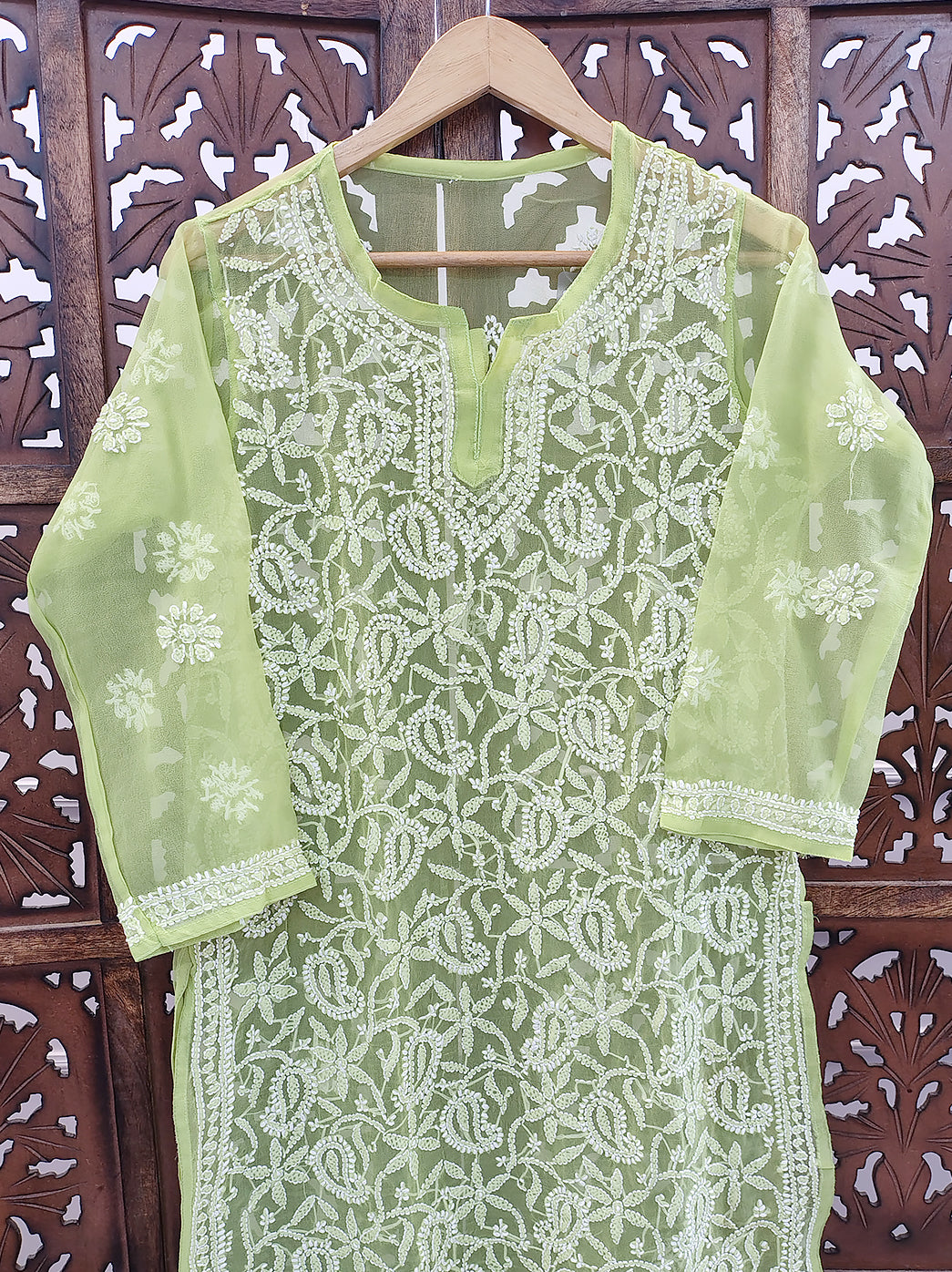 Green Georgette Chikankari Short Jaal Kurti