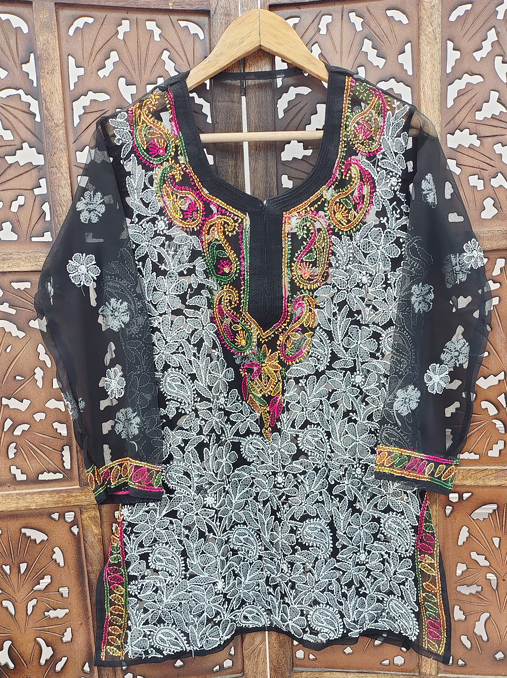 Black Multi Georgette Chikankari Short Jaal Kurti