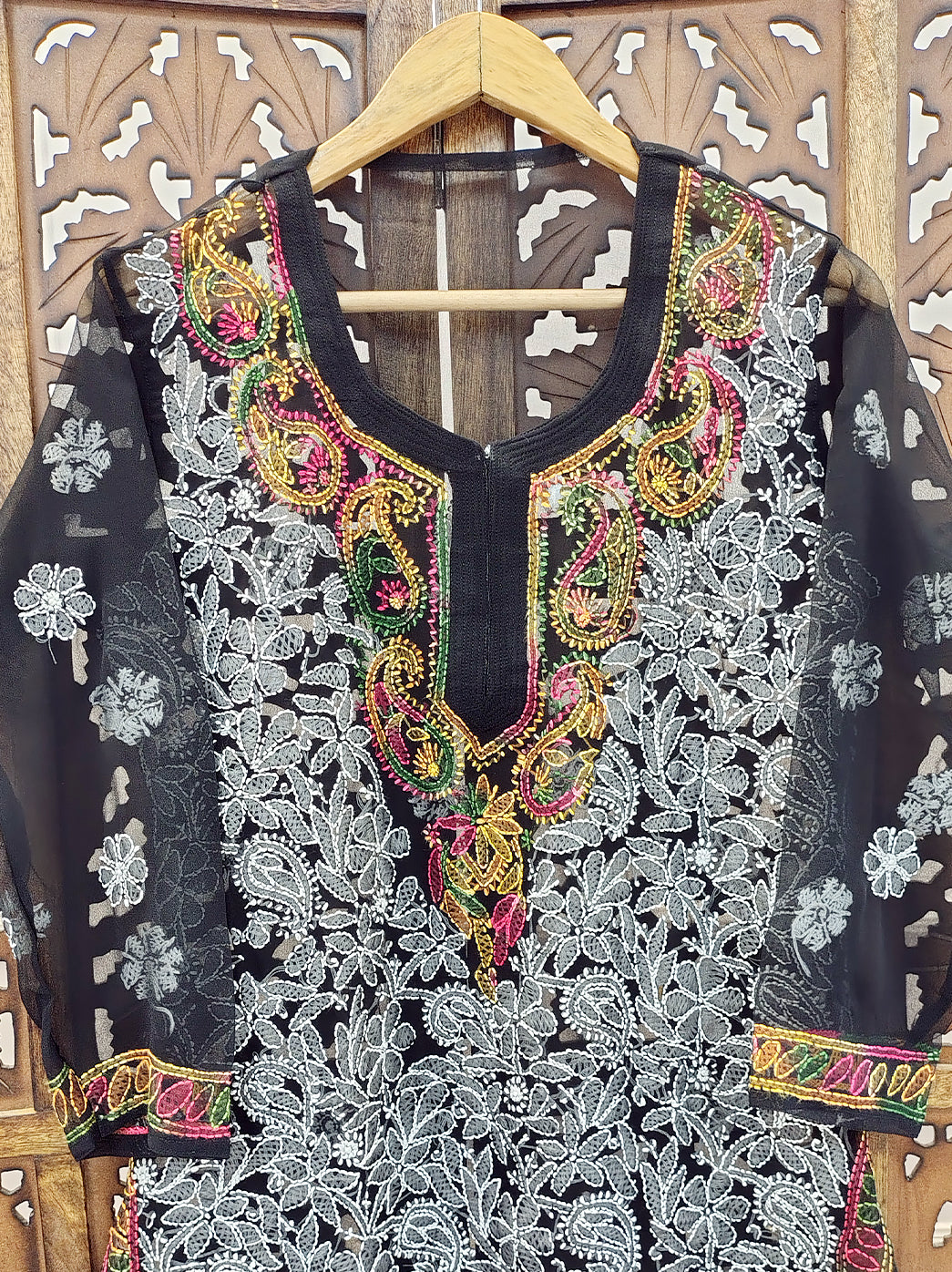 Black Multi Georgette Chikankari Short Jaal Kurti