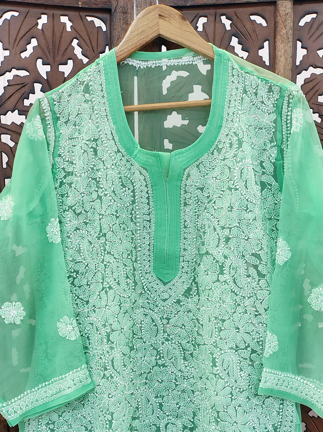 Sea Green Georgette Chikankari Short Jaal Kurti