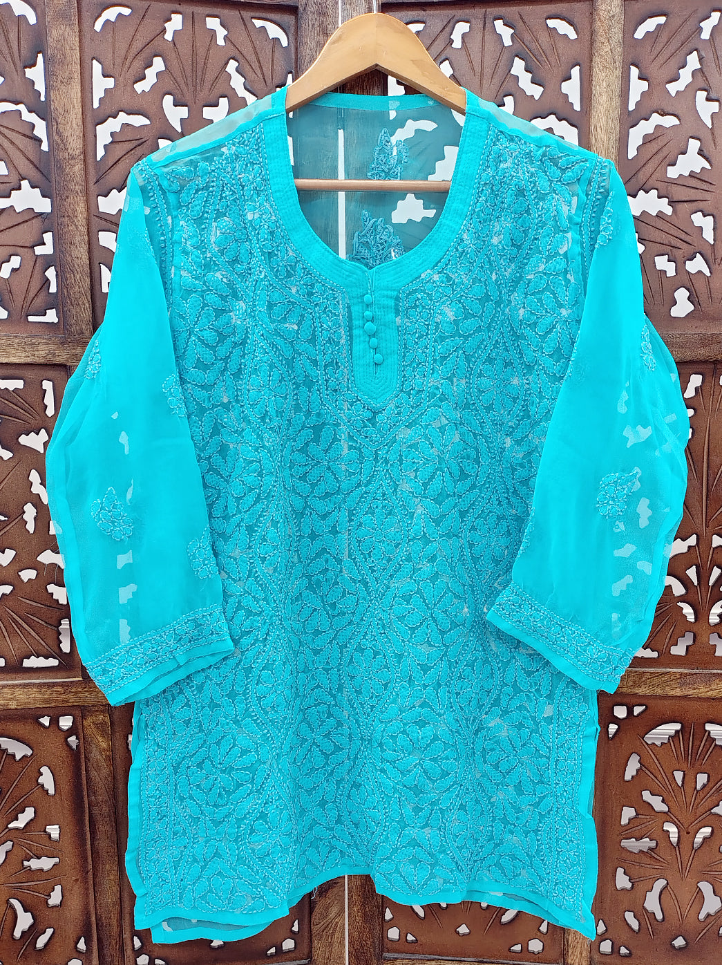 Blue Georgette Chikankari Short Jaal Kurti