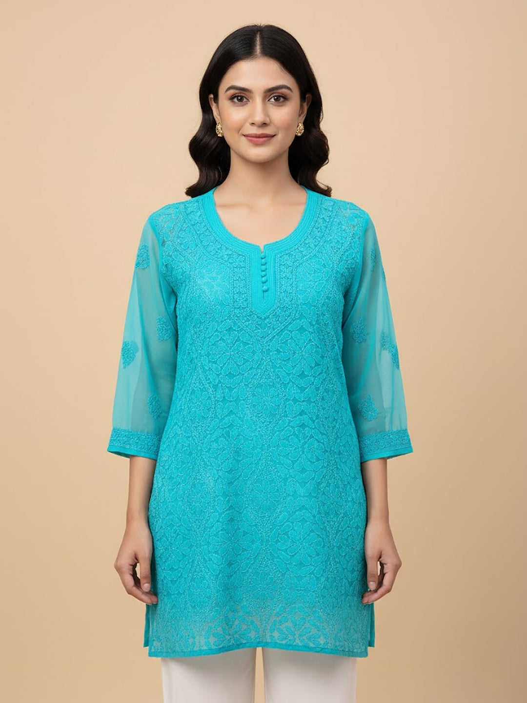 Blue Georgette Chikankari Short Jaal Kurti