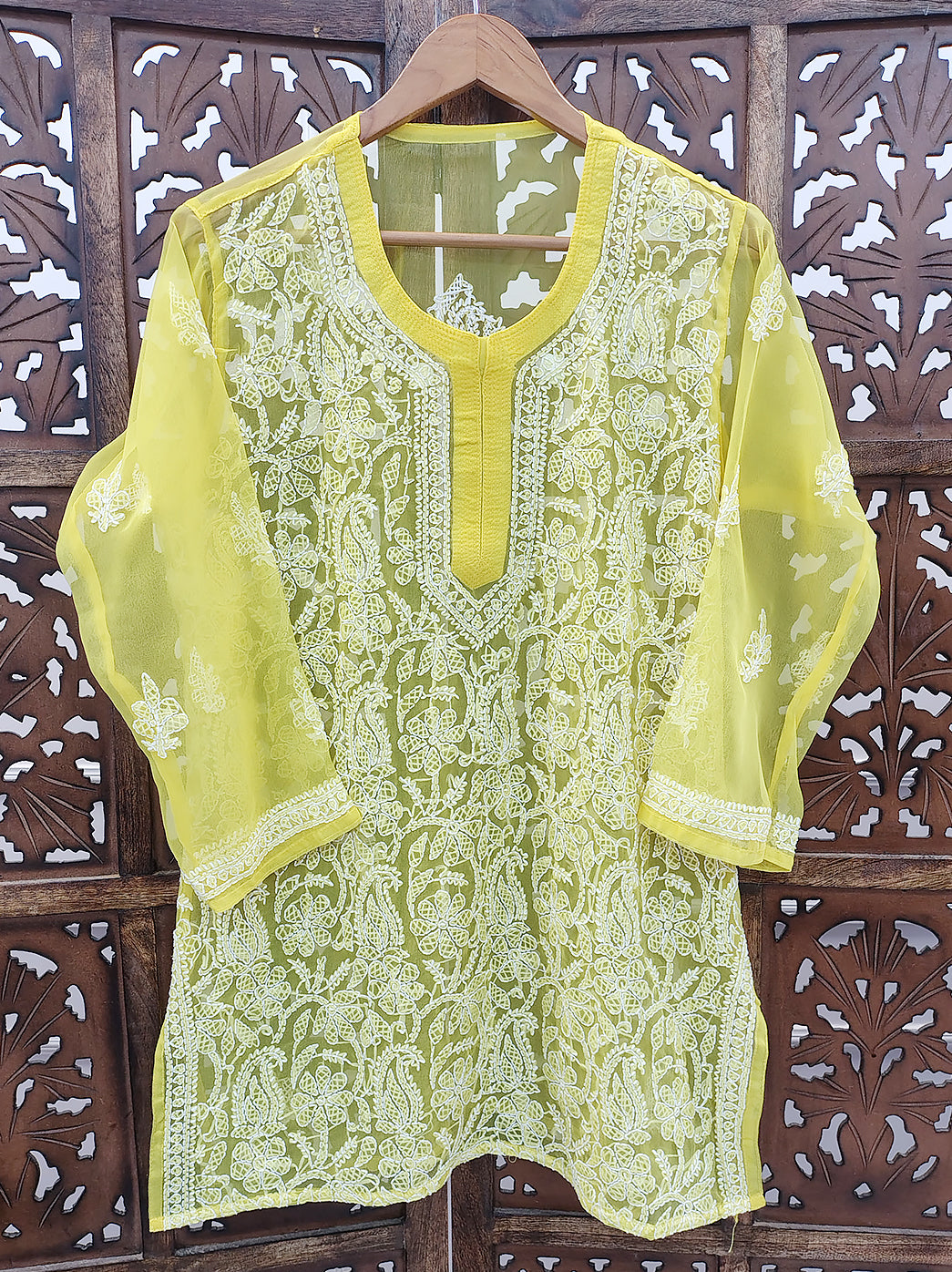Yellow Georgette Chikankari Short Jaal Kurti