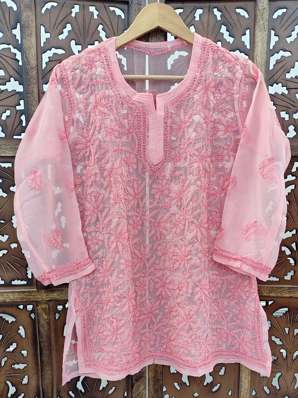 Peach Georgette Chikankari Short Jaal Kurti