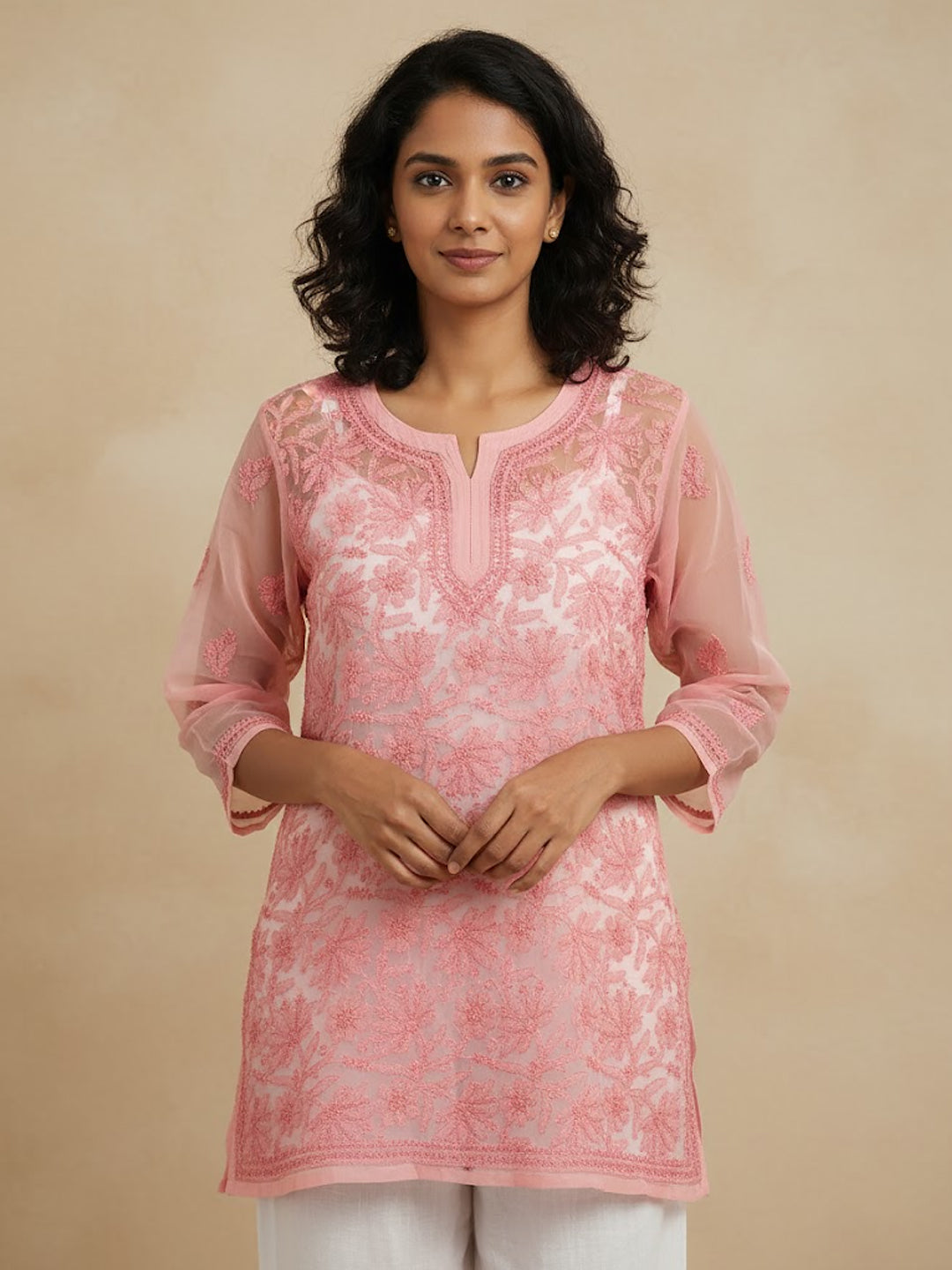 Peach Georgette Chikankari Short Jaal Kurti