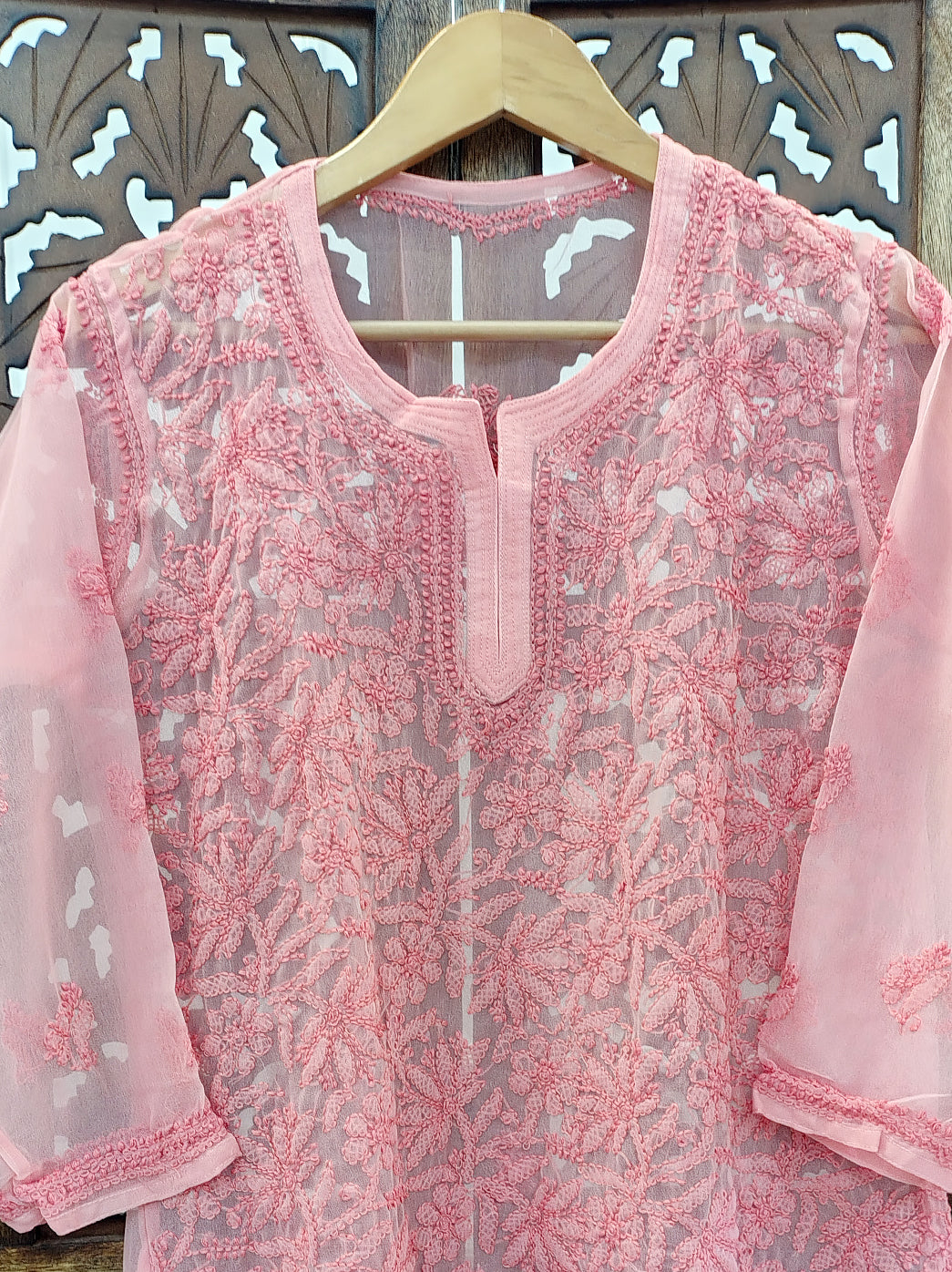 Peach Georgette Chikankari Short Jaal Kurti