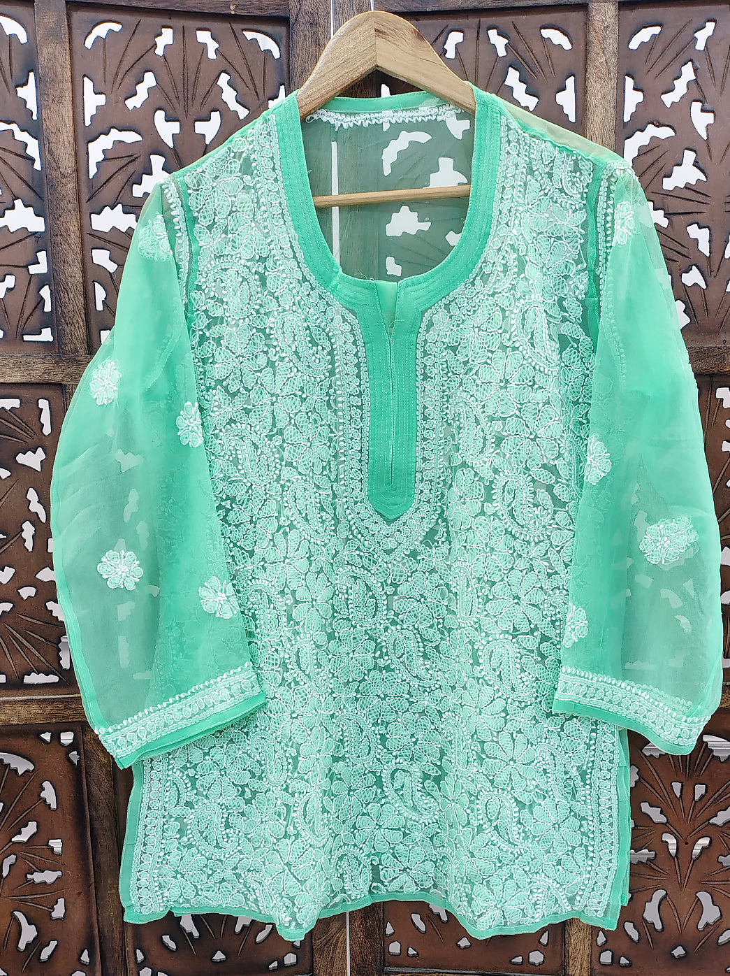 Sea Green Georgette Chikankari Short Jaal Kurti