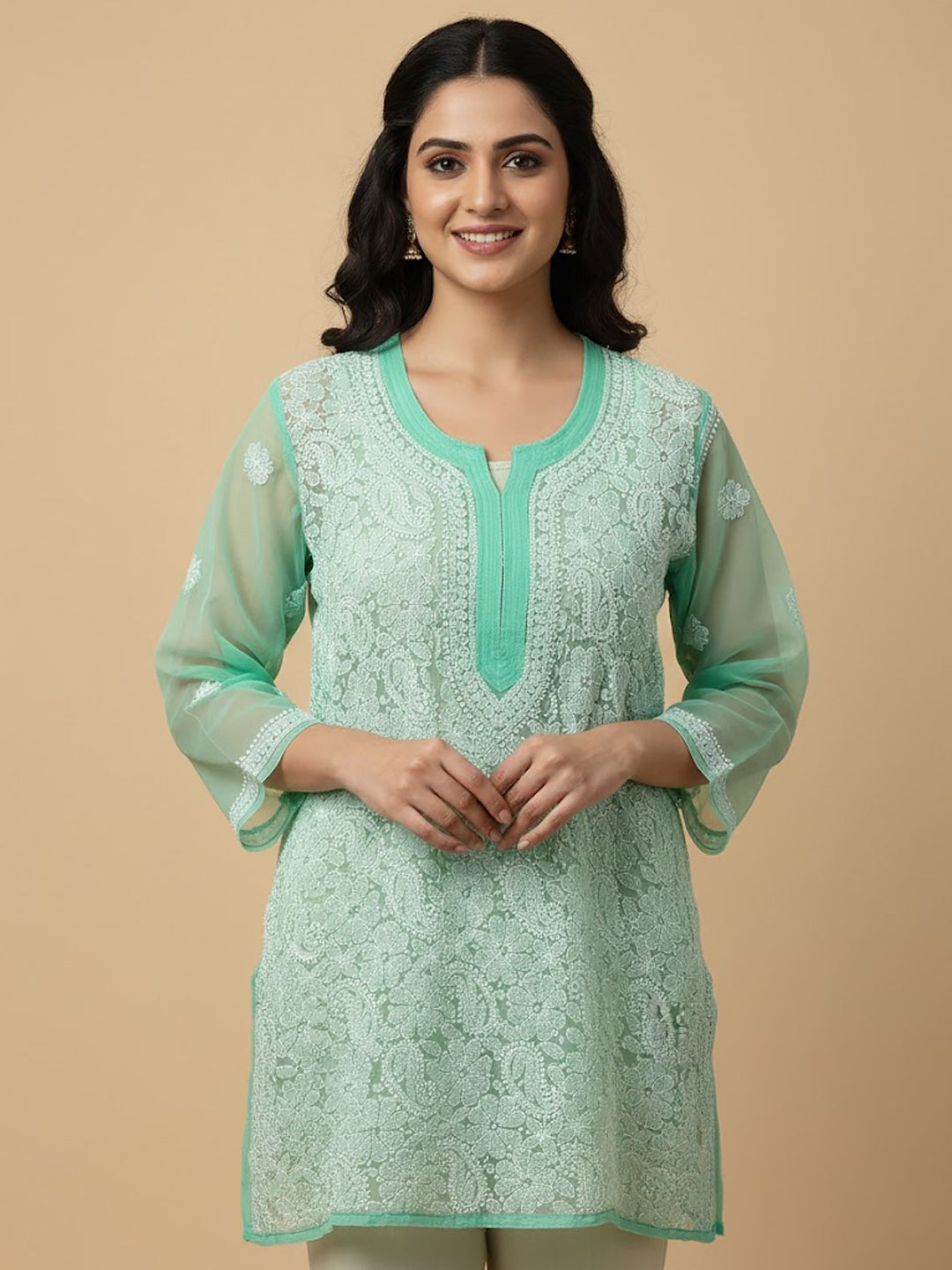 Sea Green Georgette Chikankari Short Jaal Kurti