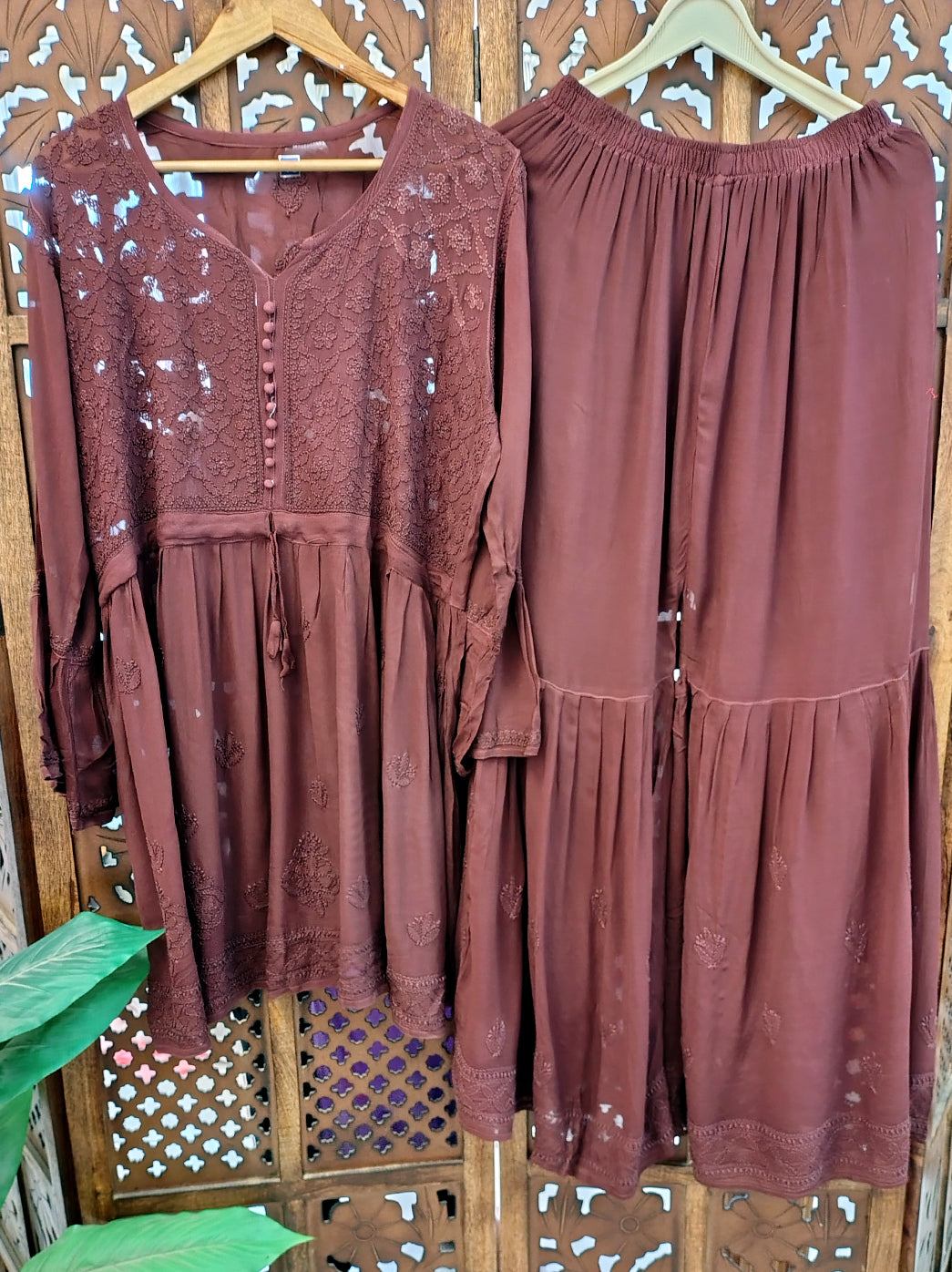 Choco Viscose Chikankari Straight Kurti Garara Set