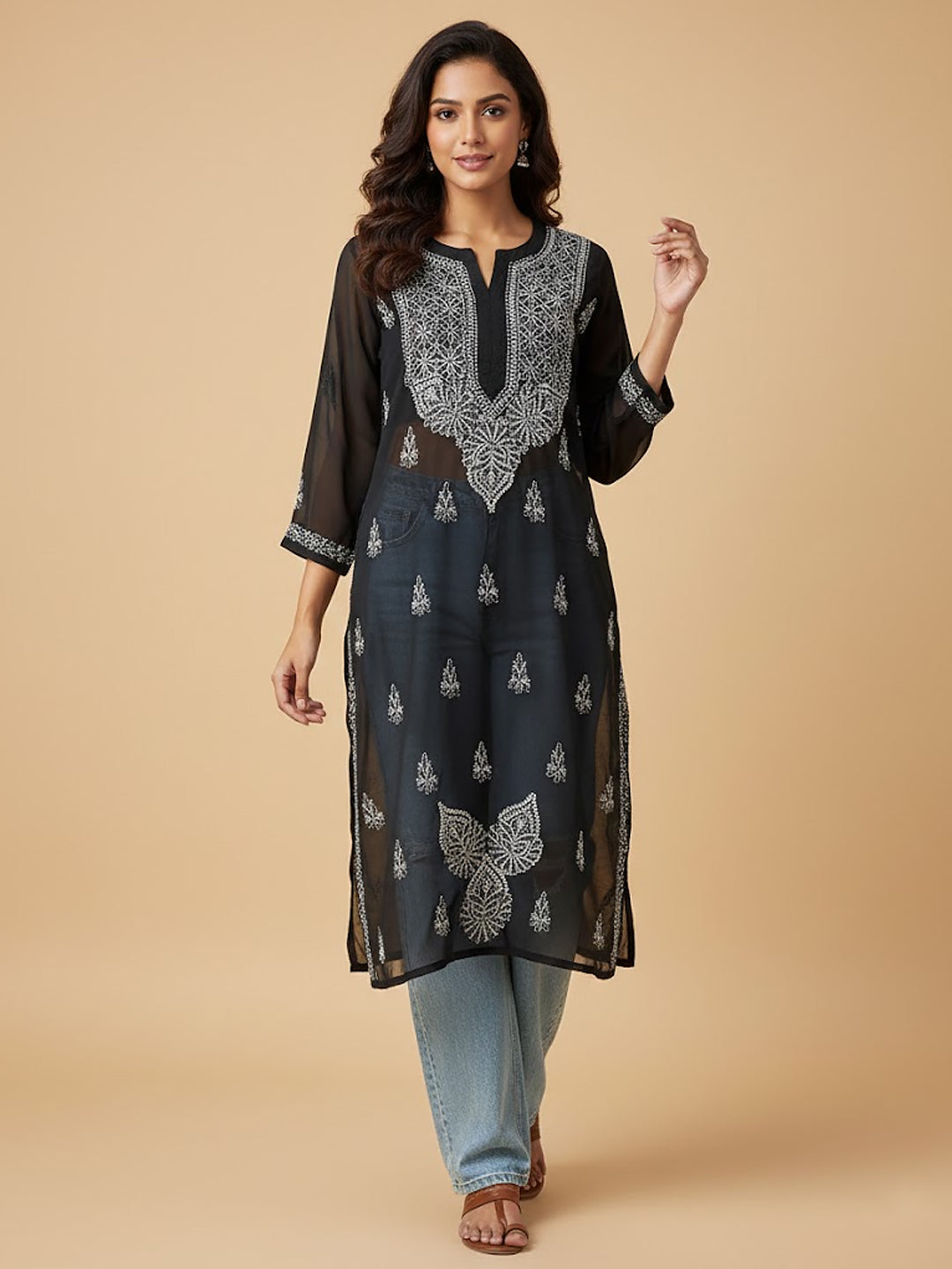 Black Georgette Chikankari Straight Kurti