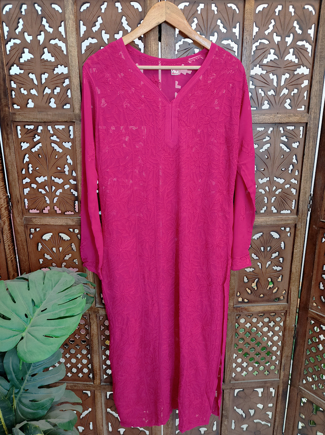 Hot Pink Viscose Chikankari Straight Kurti