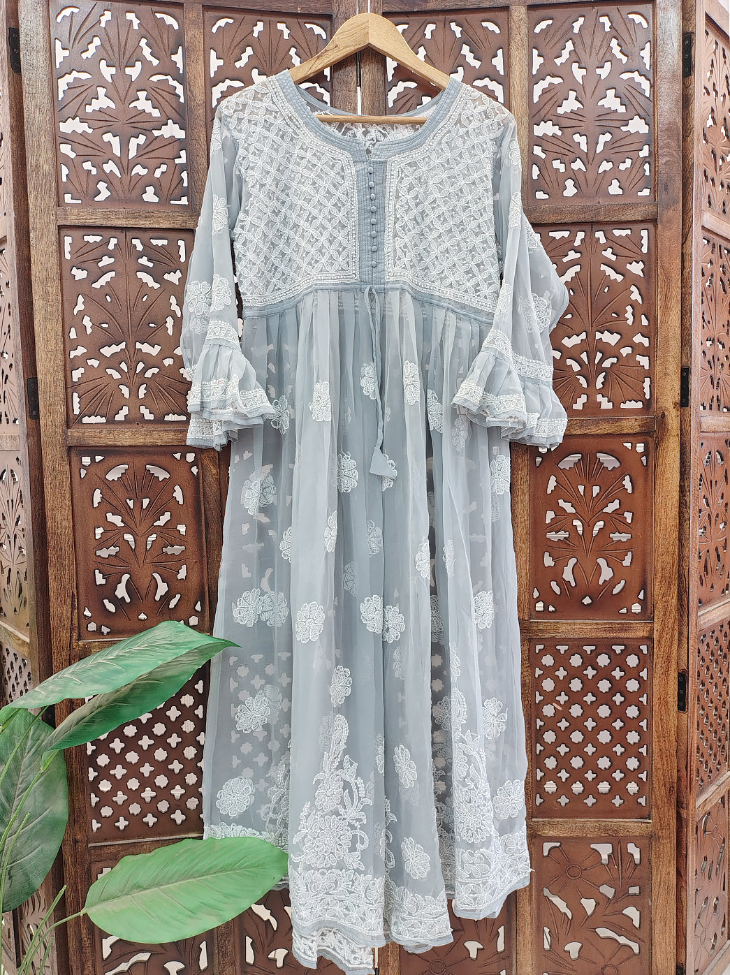 Grey Georgette A-Line Kurti Lucknow Chikankari Kurta